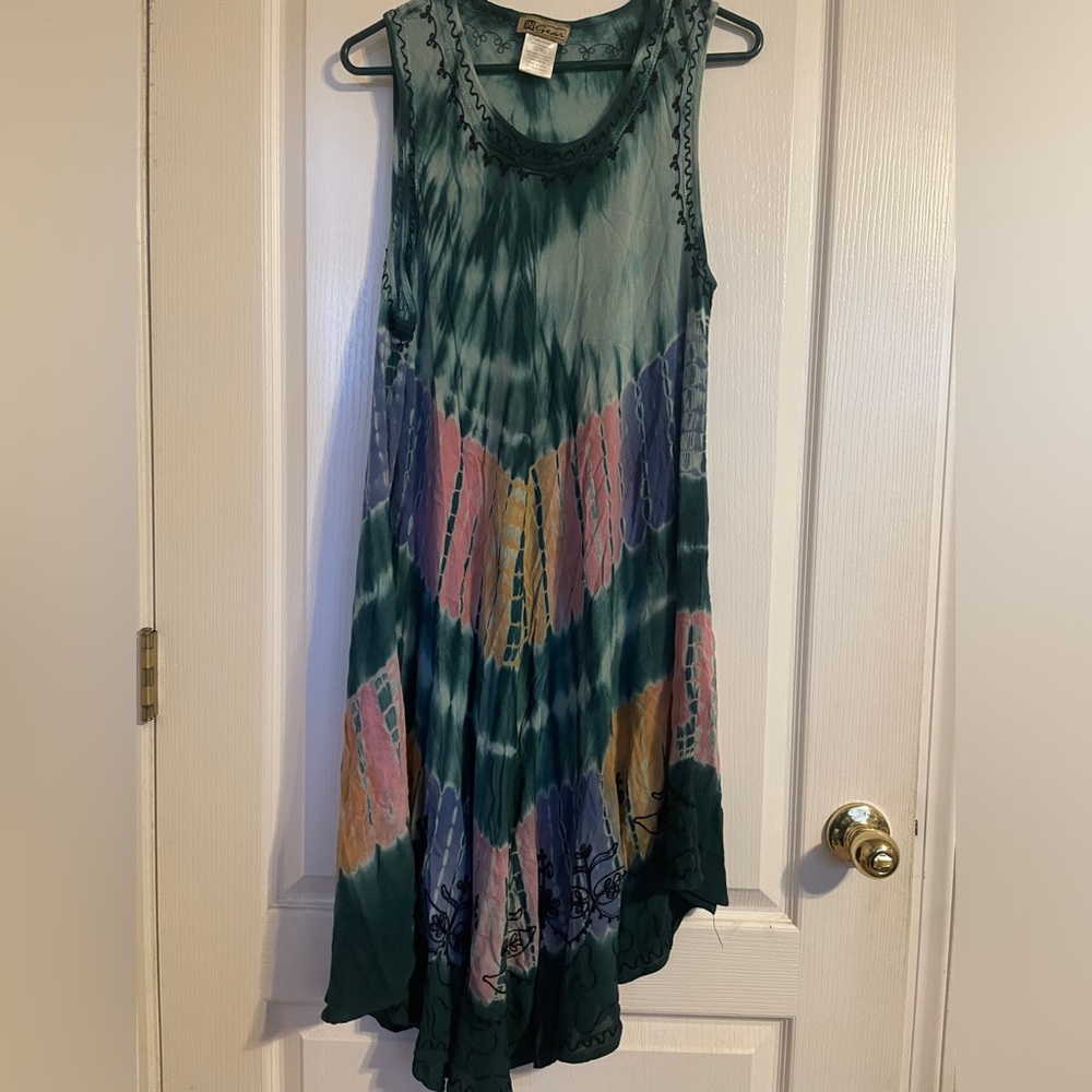 VTG InGear Tie-Dye Asymmetrical Sleeveless Dress Greenβ Pink Boho Beach Casual